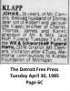 John R Klapp - Death Notice